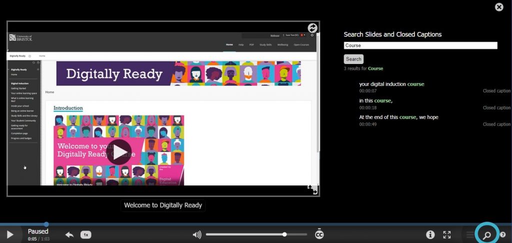 Screenshot showing the Re/Play player with captions search open